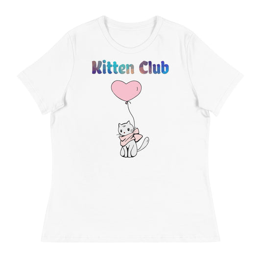 Women's White T-Shirt with Cat With a Pink Heart Balloon with a text "Kitten Club" at $25.97 found at Personalizedpetlovergifts