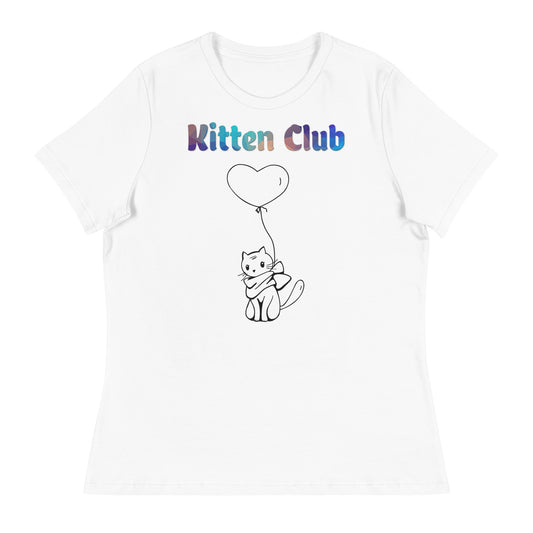 Women's White T-Shirt with Cat With a Heart Balloon with a text "Kitten Club" at $25.97 found at Personalizedpetlovergifts