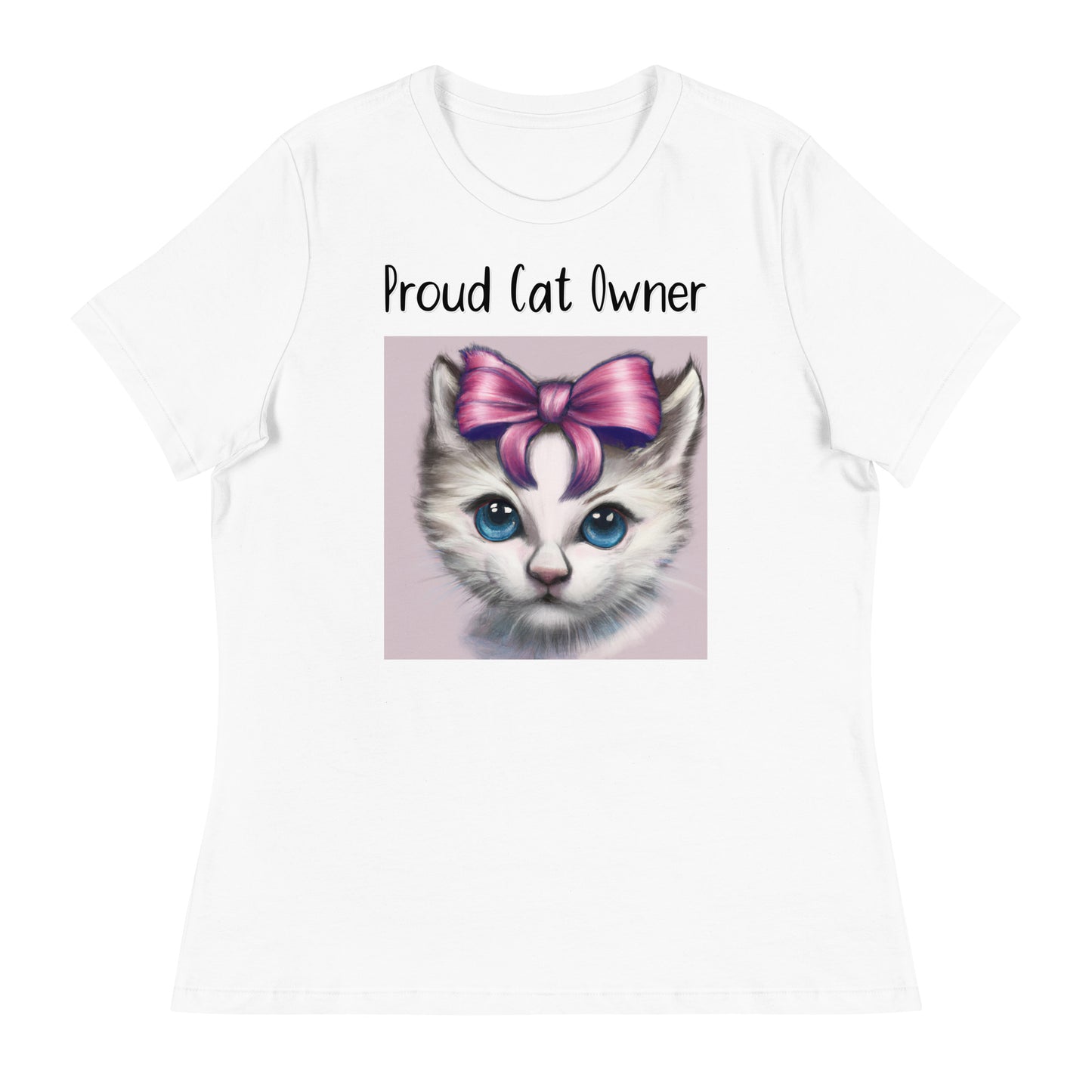 Women's White T-Shirt with Kitten With a Bow with a text "Proud Cat Owner" at $25.97 found at Personalizedpetlovergifts