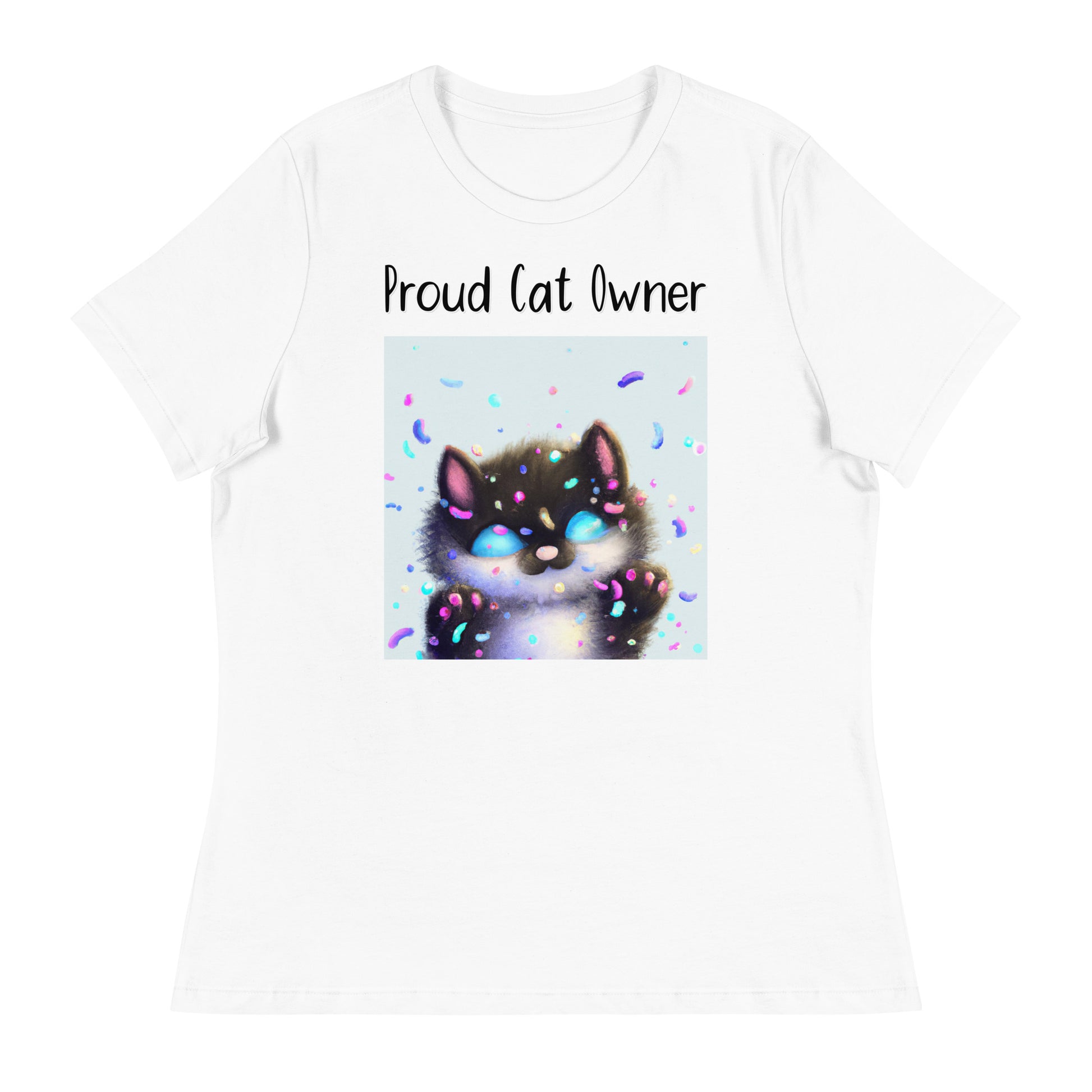 Women's White T-Shirt with Kitten With Confetti with a text "Proud Cat Owner" at $25.97 found at Personalizedpetlovergifts