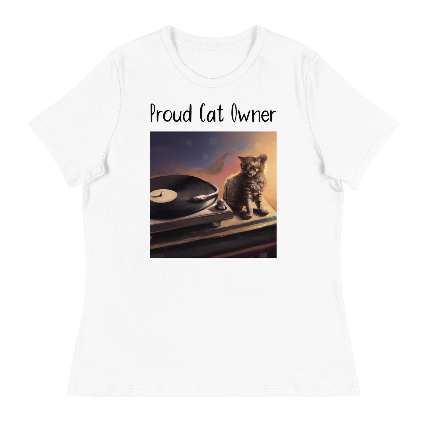 Women's White T-Shirt with Kitten With a Vinyl Player with a text "Proud Cat Owner" at $25.97 found at Personalizedpetlovergifts