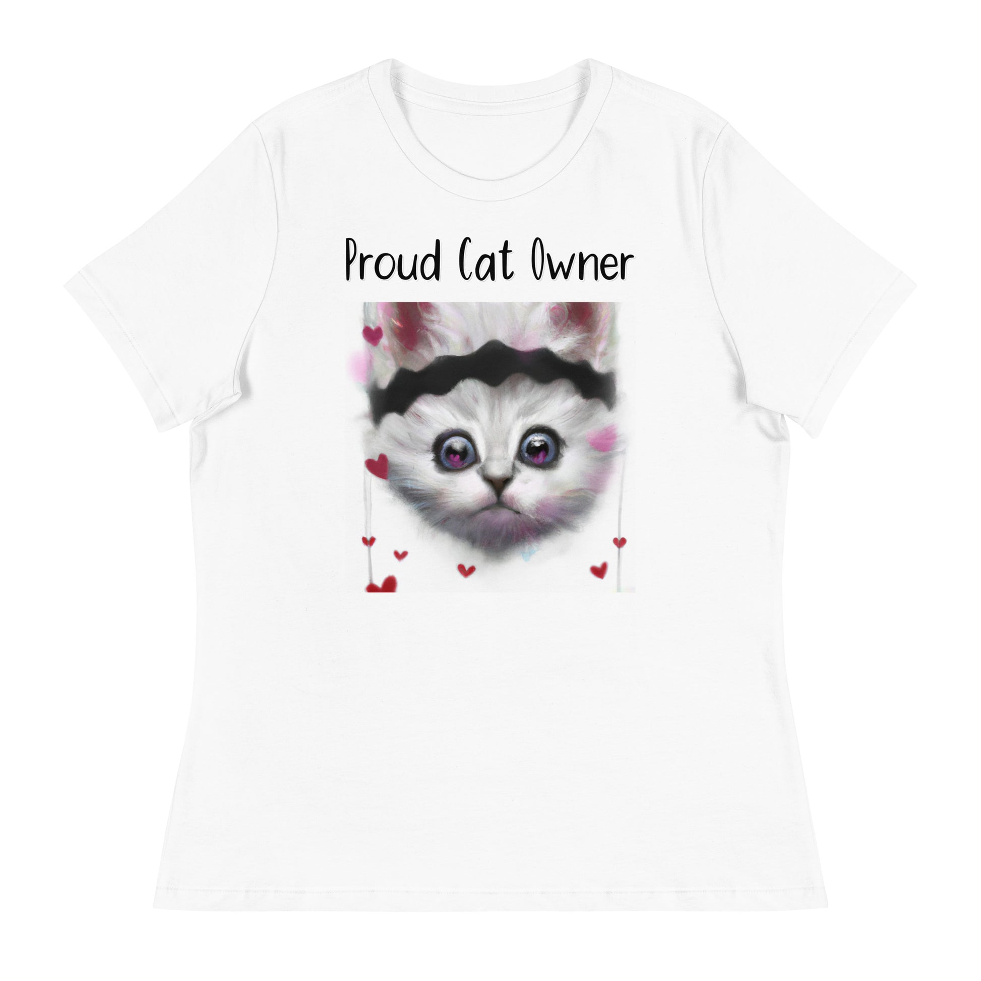 Women's White T-Shirt with Kitten With a headband with a text "Proud Cat Owner" at $25.97 found at Personalizedpetlovergifts