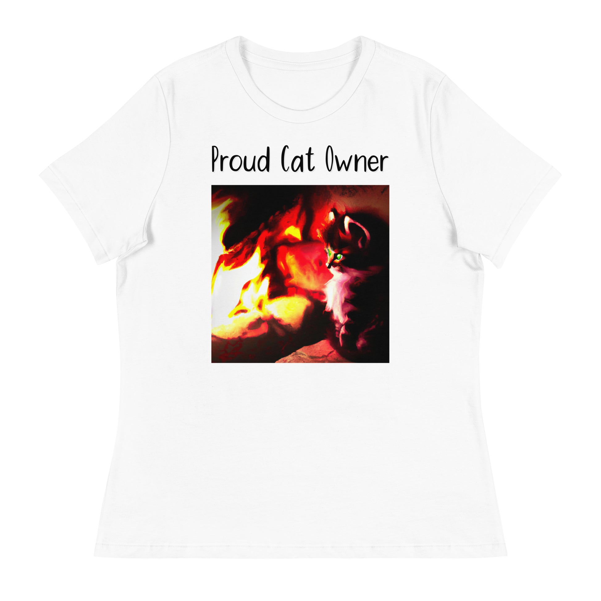 Women's White T-Shirt with Kitten Warming Up Near The Fire with a text "Proud Cat Owner" at $25.97 found at Personalizedpetlovergifts