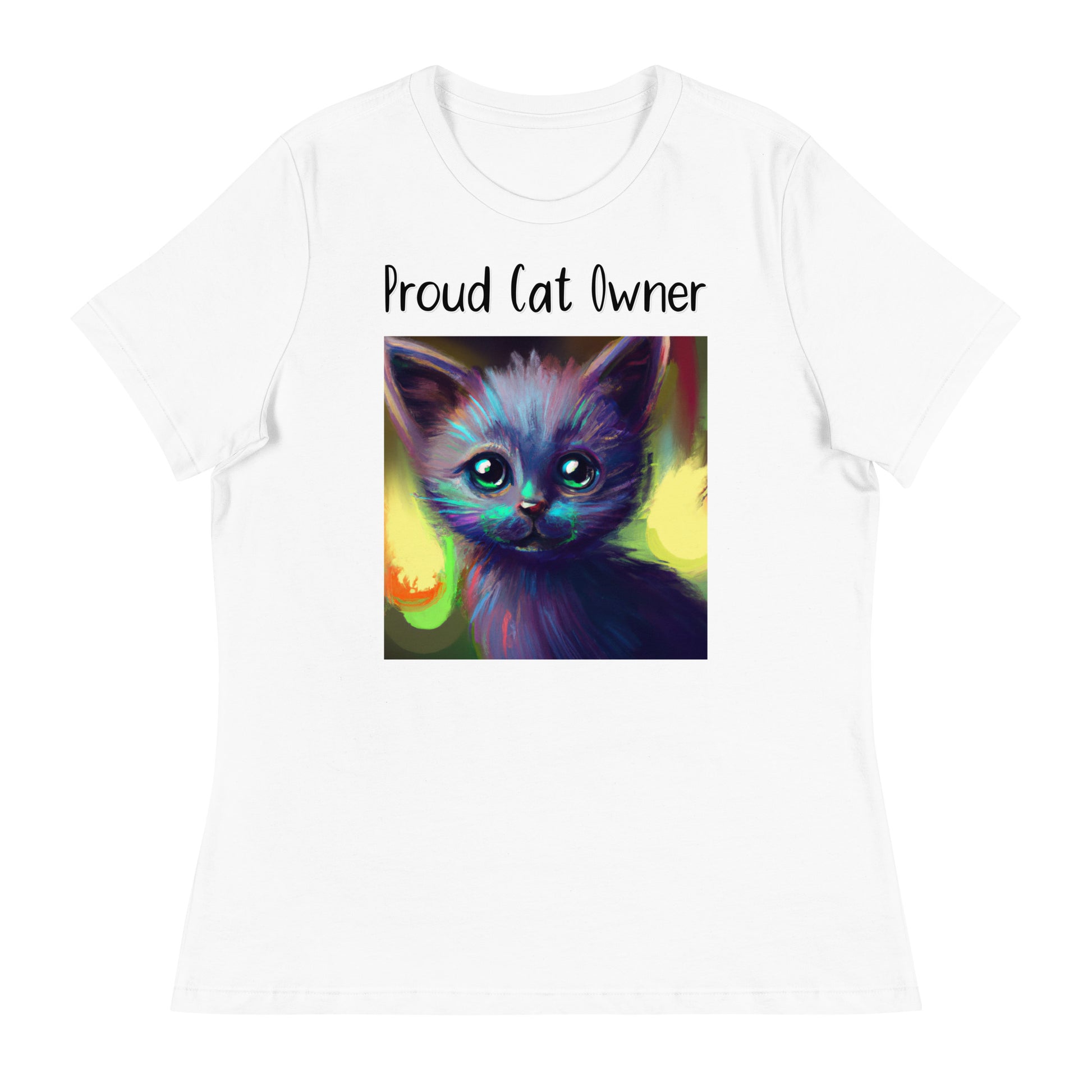 Women's White T-Shirt with Kitten Trippy Portrait with a text "Proud Cat Owner" at $25.97 found at Personalizedpetlovergifts