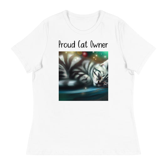 Women's White T-Shirt with Kitten Sleeping with a text "Proud Cat Owner" at $25.97 found at Personalizedpetlovergifts