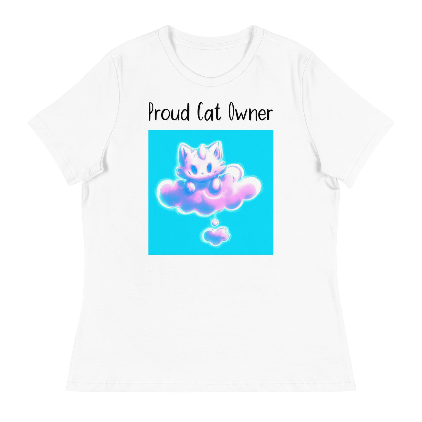 Women's White T-Shirt with Kitten Sitting On A Pink Cloud with a text "Proud Cat Owner" at $25.97 found at Personalizedpetlovergifts