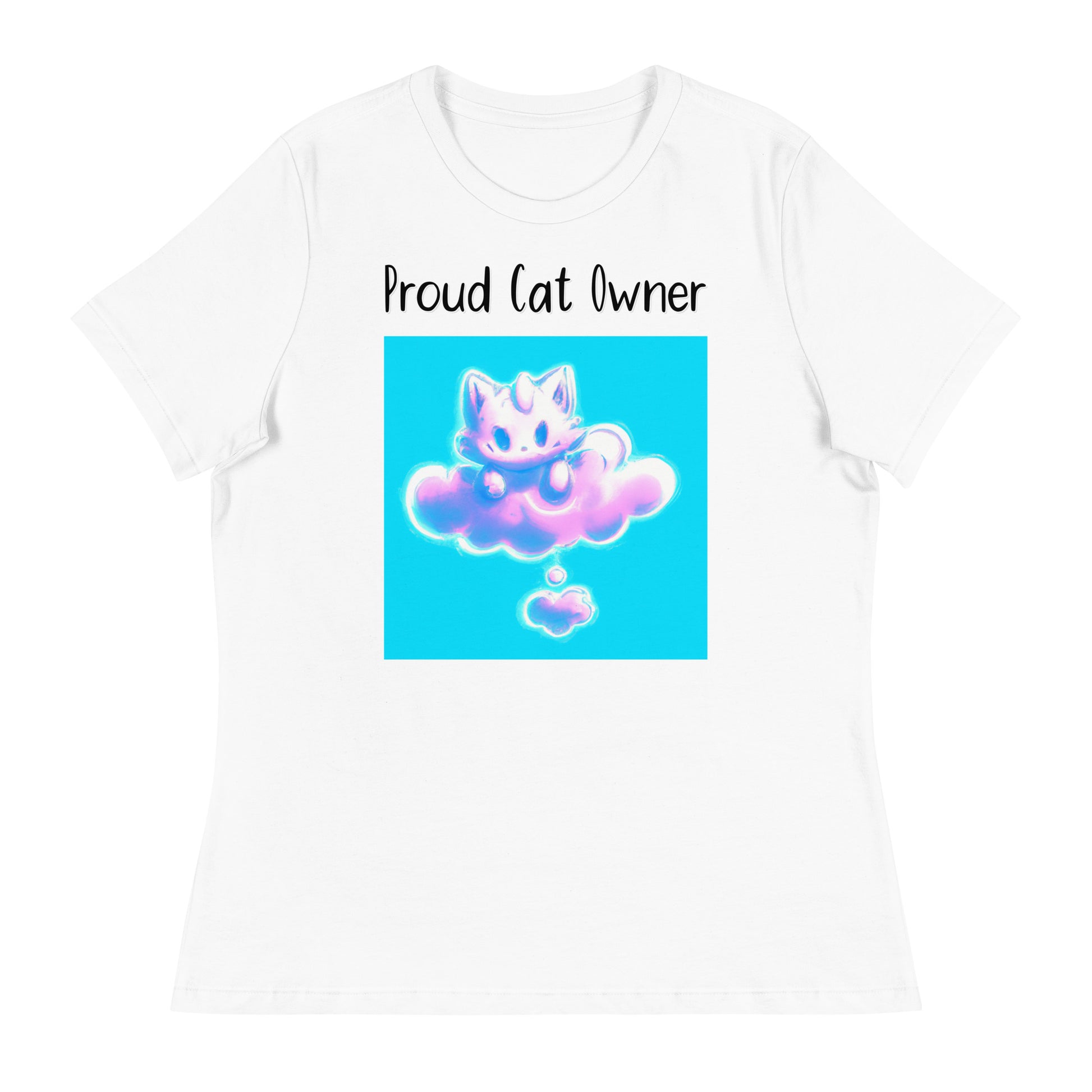 Women's White T-Shirt with Kitten Sitting On A Pink Cloud with a text "Proud Cat Owner" at $25.97 found at Personalizedpetlovergifts