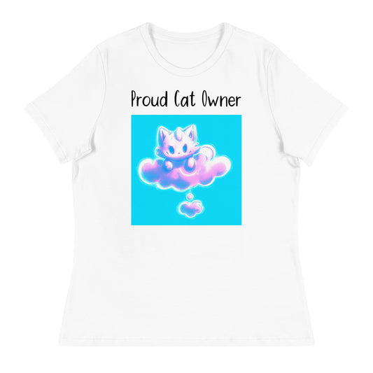 Women's White T-Shirt with Kitten Sitting On A Pink Cloud with a text "Proud Cat Owner" at $25.97 found at Personalizedpetlovergifts