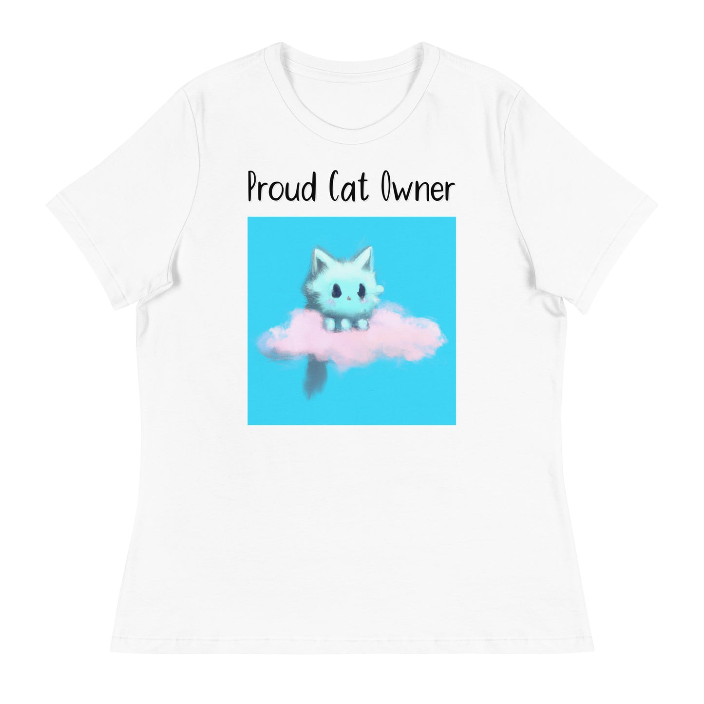 Women's White T-Shirt with Kitten Sitting On a Cloud with a text "Proud Cat Owner" at $25.97 found at Personalizedpetlovergifts