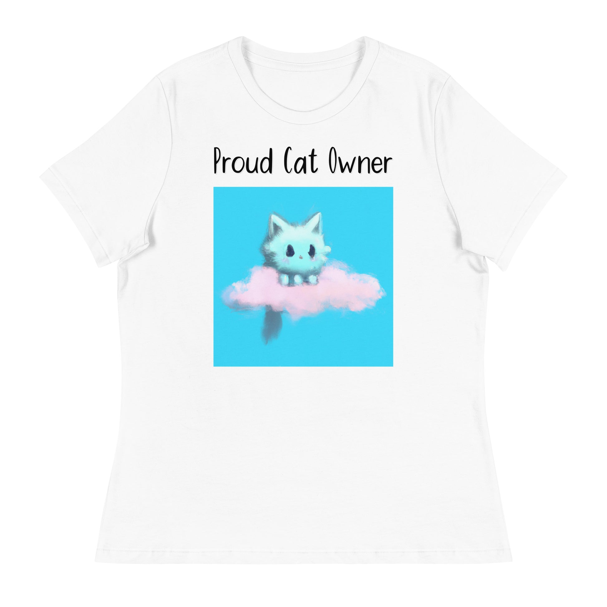 Women's White T-Shirt with Kitten Sitting On a Cloud with a text "Proud Cat Owner" at $25.97 found at Personalizedpetlovergifts