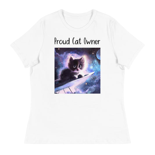 Women's White T-Shirt with Kitten Sitting In The Space with a text "Proud Cat Owner" at $25.97 found at Personalizedpetlovergifts