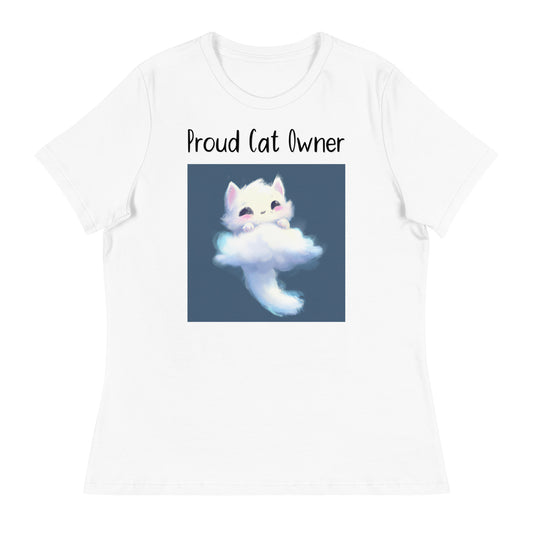 Women's White T-Shirt with Kitten Shaped Cloud with a text "Proud Cat Owner" at $25.97 found at Personalizedpetlovergifts