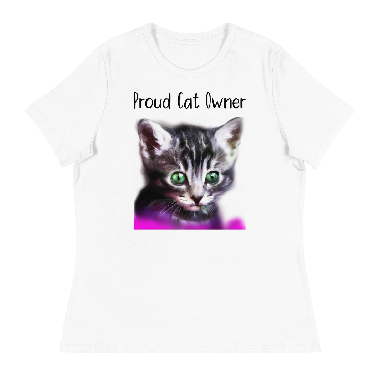 Women's White T-Shirt with Kitten Portrait With Green Eyes with a text "Proud Cat Owner" at $25.97 found at Personalizedpetlovergifts