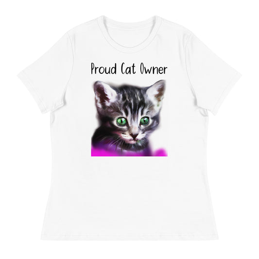 Women's White T-Shirt with Kitten Portrait With Green Eyes with a text "Proud Cat Owner" at $25.97 found at Personalizedpetlovergifts