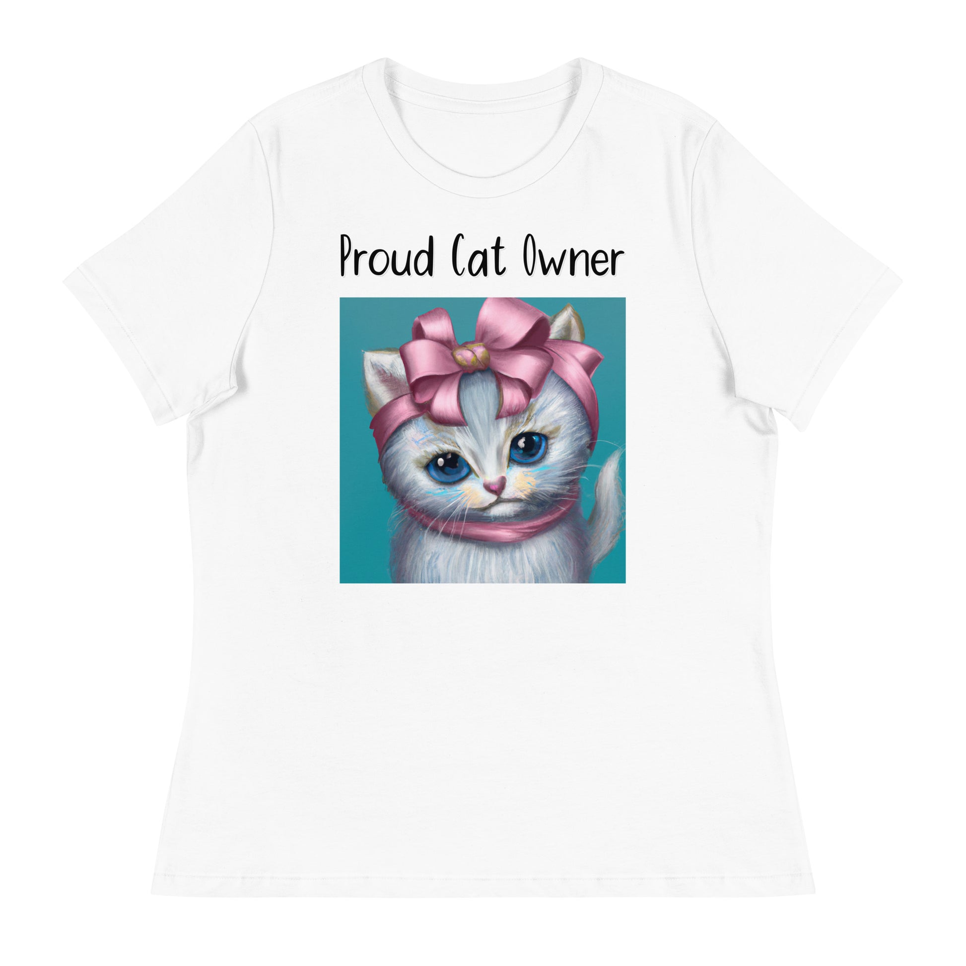 Women's White T-Shirt with Kitten Portrait With a Pink Bow with a text "Proud Cat Owner" at $25.97 found at Personalizedpetlovergifts