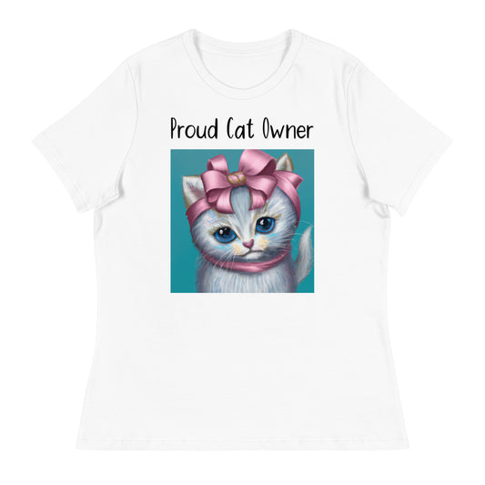 Women's White T-Shirt with Kitten Portrait With a Pink Bow with a text "Proud Cat Owner" at $25.97 found at Personalizedpetlovergifts