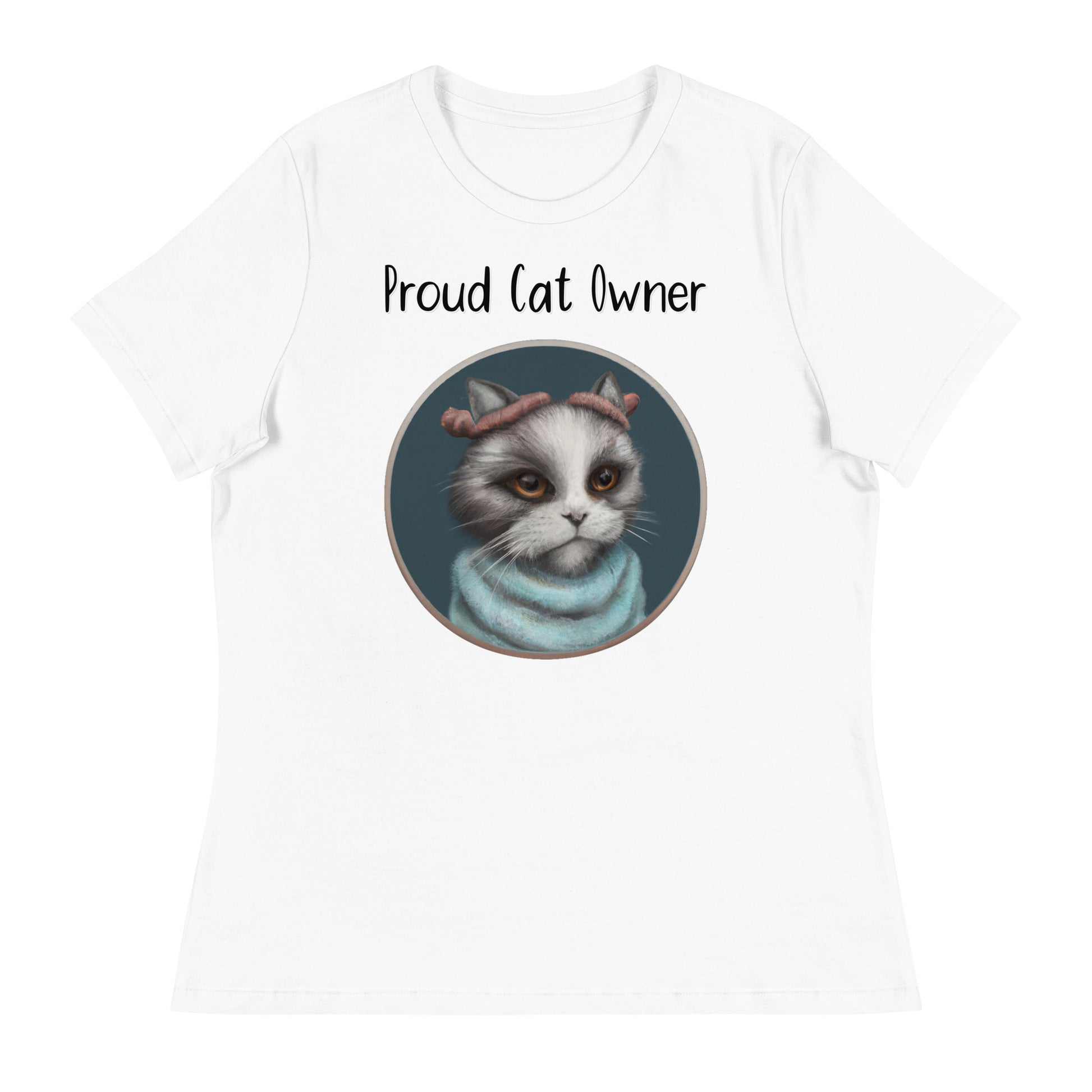 Women's White T-Shirt with Kitten Portrait With a Fluffy Headband with a text "Proud Cat Owner" at $25.97 found at Personalizedpetlovergifts