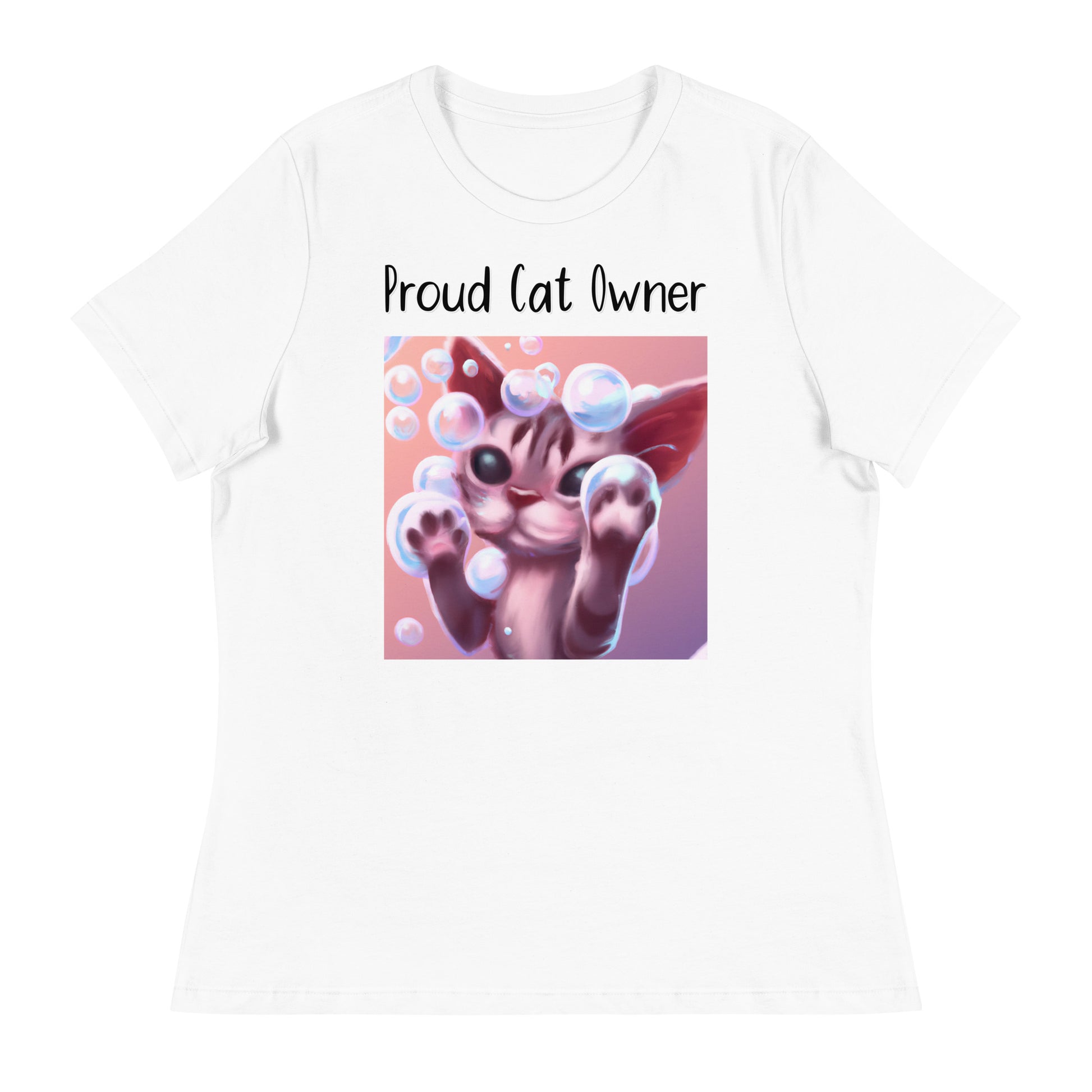 Women's White T-Shirt with Kitten Playing With Soap Bubbles with a text "Proud Cat Owner" at $25.97 found at Personalizedpetlovergifts