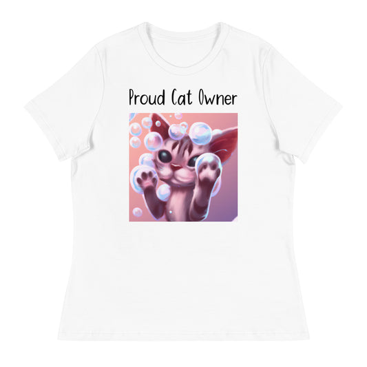 Women's White T-Shirt with Kitten Playing With Soap Bubbles with a text "Proud Cat Owner" at $25.97 found at Personalizedpetlovergifts