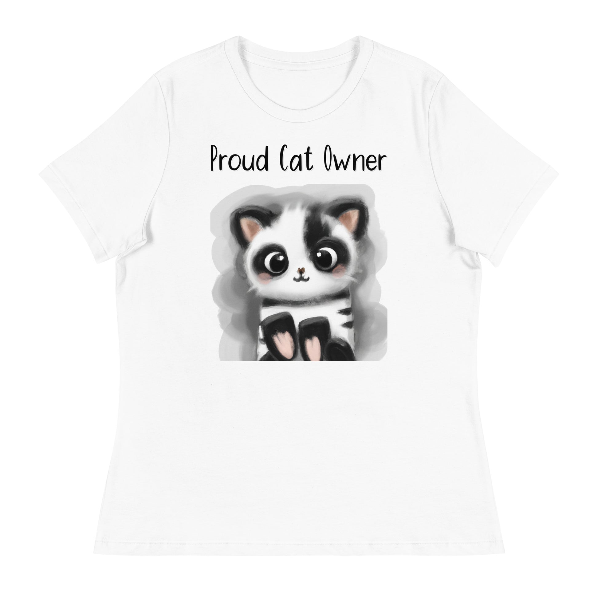 Women's White T-Shirt with Kitten Panda with a text "Proud Cat Owner" at $25.97 found at Personalizedpetlovergifts