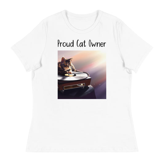 Women's White T-Shirt with Kitten On A Vinyl with a text "Proud Cat Owner" at $25.97 found at Personalizedpetlovergifts