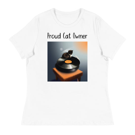 Women's White T-Shirt with Kitten On a Vinyl Player with a text "Proud Cat Owner" at $25.97 found at Personalizedpetlovergifts