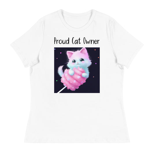 Women's White T-Shirt with Kitten On A Cotton Candy with a text "Proud Cat Owner" at $25.97 found at Personalizedpetlovergifts