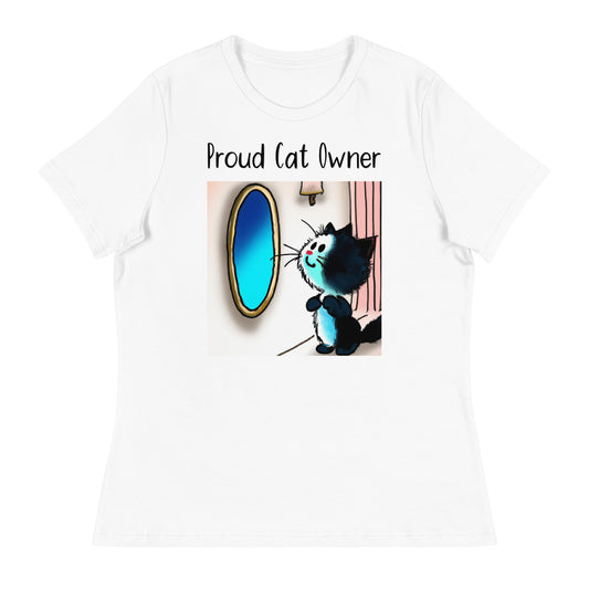 Women's White T-Shirt with Kitten Looking In The Mirror with a text "Proud Cat Owner" at $25.97 found at Personalizedpetlovergifts