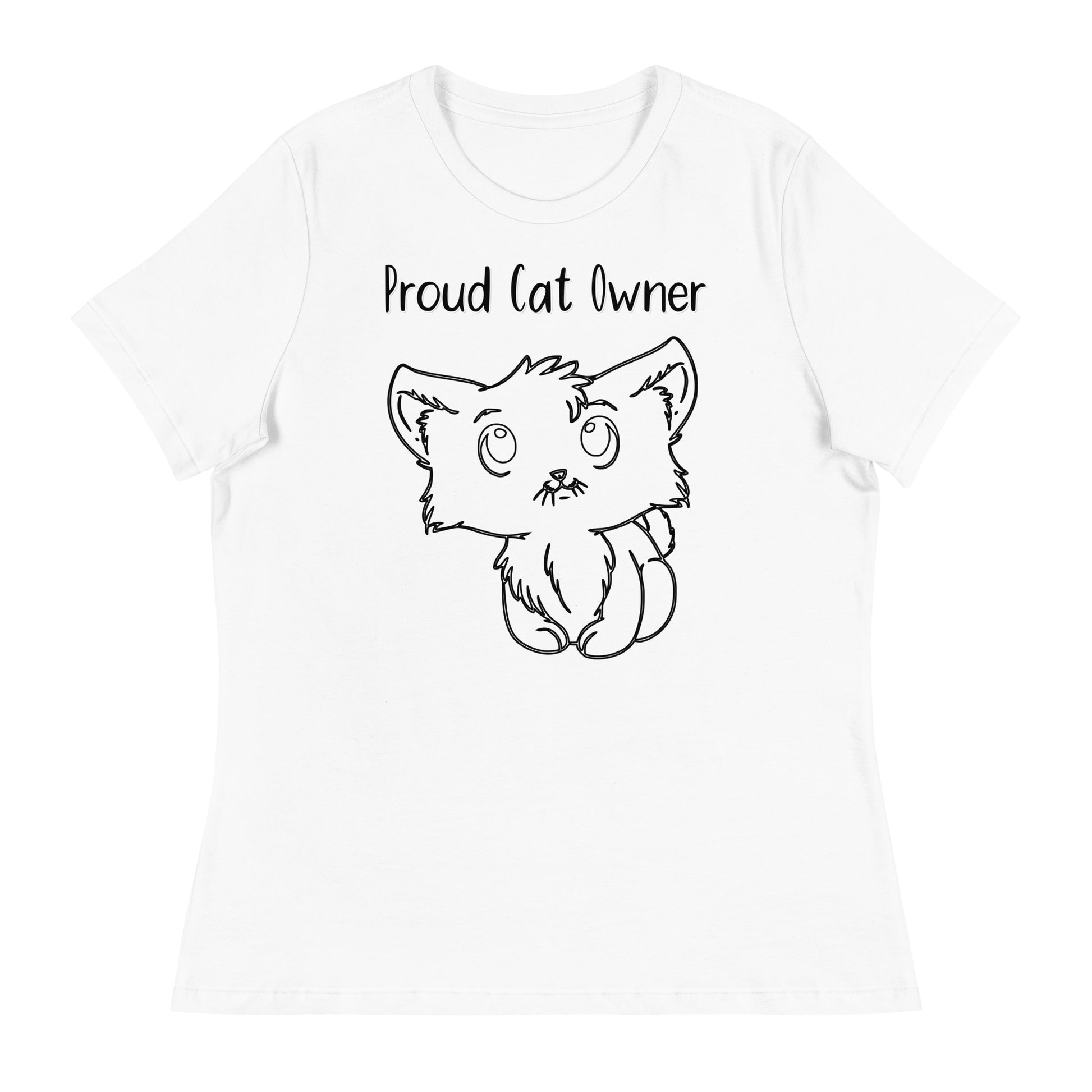 Women's White T-Shirt with Kitten Line Art with a text "Proud Cat Owner" at $25.97 found at Personalizedpetlovergifts