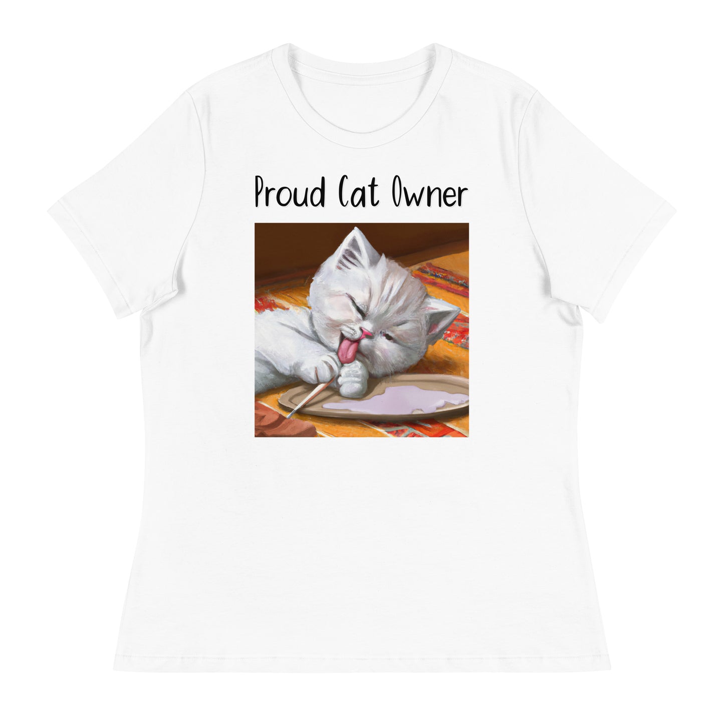 Women's White T-Shirt with Kitten Licking Its Paws with a text "Proud Cat Owner" at $25.97 found at Personalizedpetlovergifts