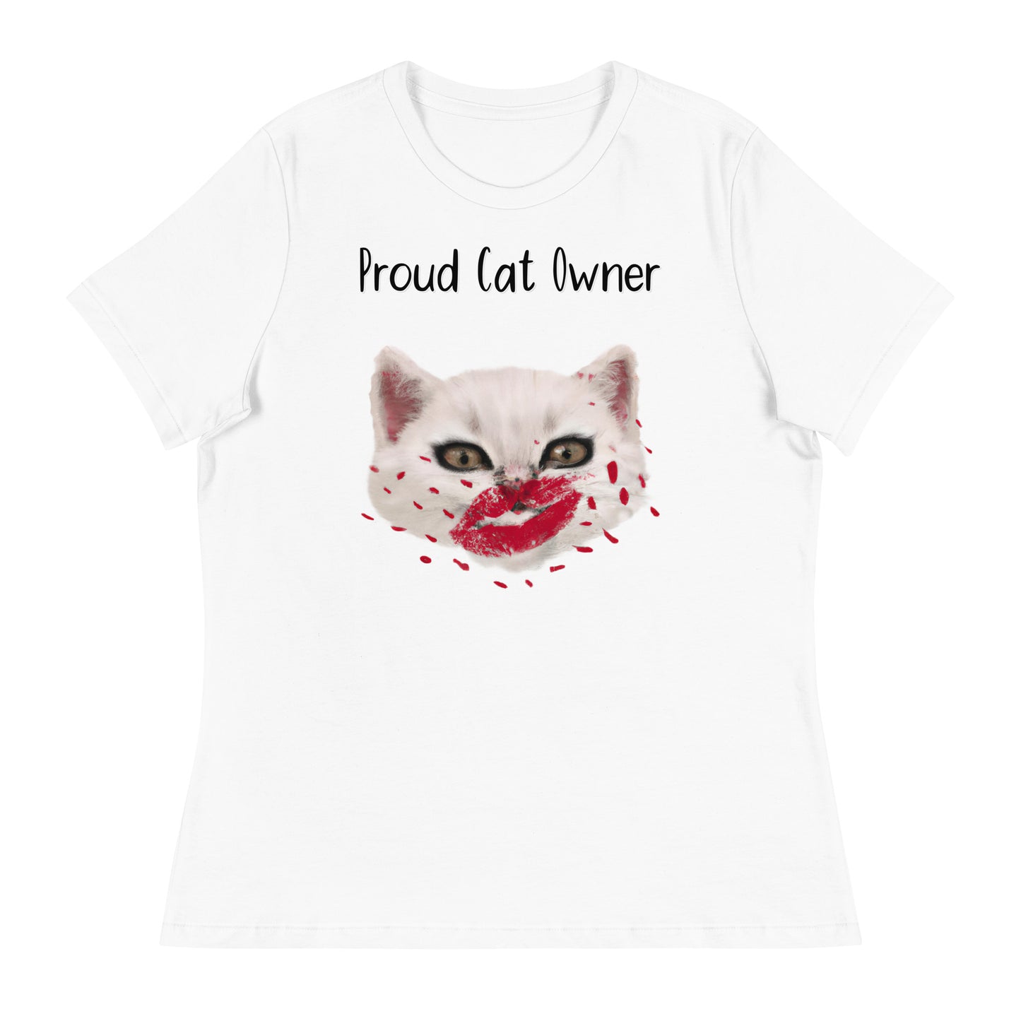 Women's White T-Shirt with Kitten Kisses with a text "Proud Cat Owner" at $25.97 found at Personalizedpetlovergifts