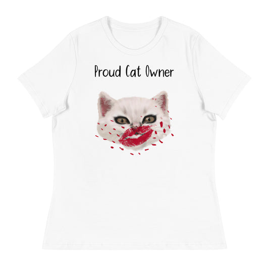 Women's White T-Shirt with Kitten Kisses with a text "Proud Cat Owner" at $25.97 found at Personalizedpetlovergifts