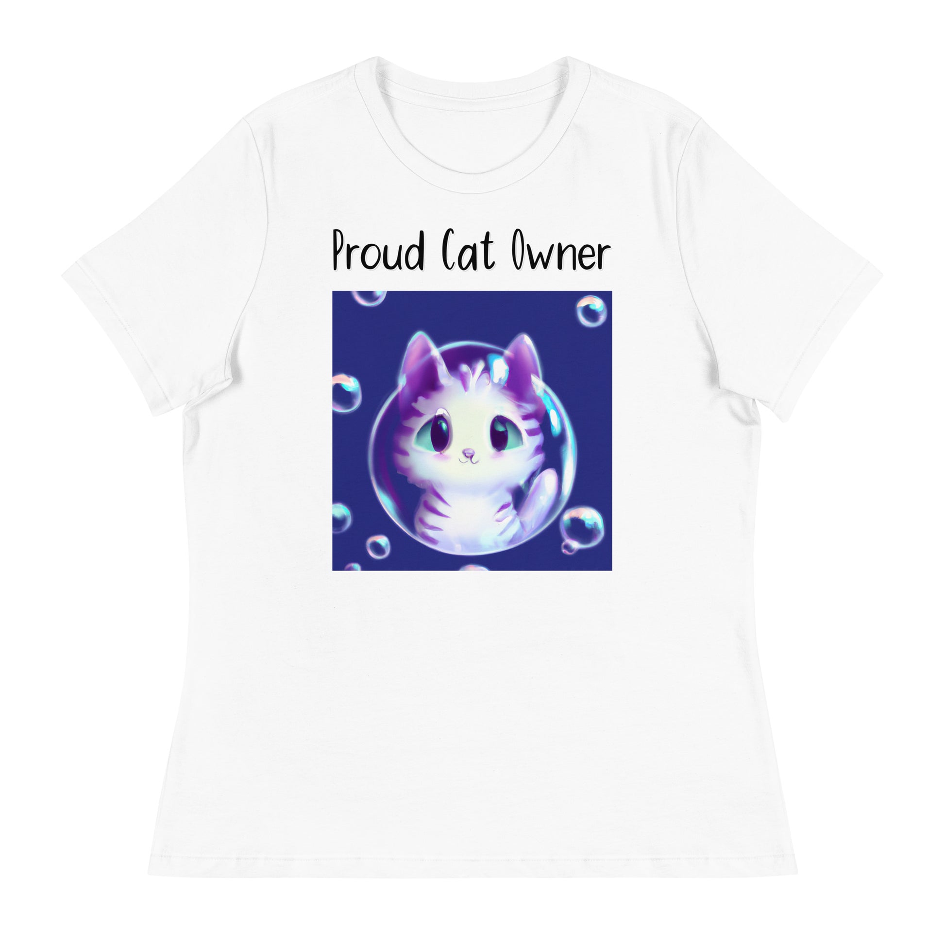 Women's White T-Shirt with Kitten Inside a Soap Bubble with a text "Proud Cat Owner" at $25.97 found at Personalizedpetlovergifts