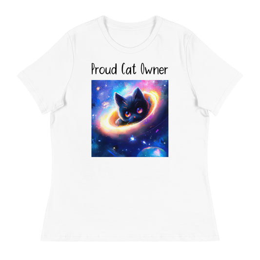 Women's White T-Shirt with Kitten Inside A Galaxy with a text "Proud Cat Owner" at $25.97 found at Personalizedpetlovergifts