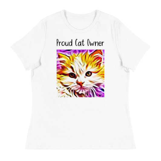 Women's White T-Shirt with Kitten In Trippy Colors with a text "Proud Cat Owner" at $25.97 found at Personalizedpetlovergifts