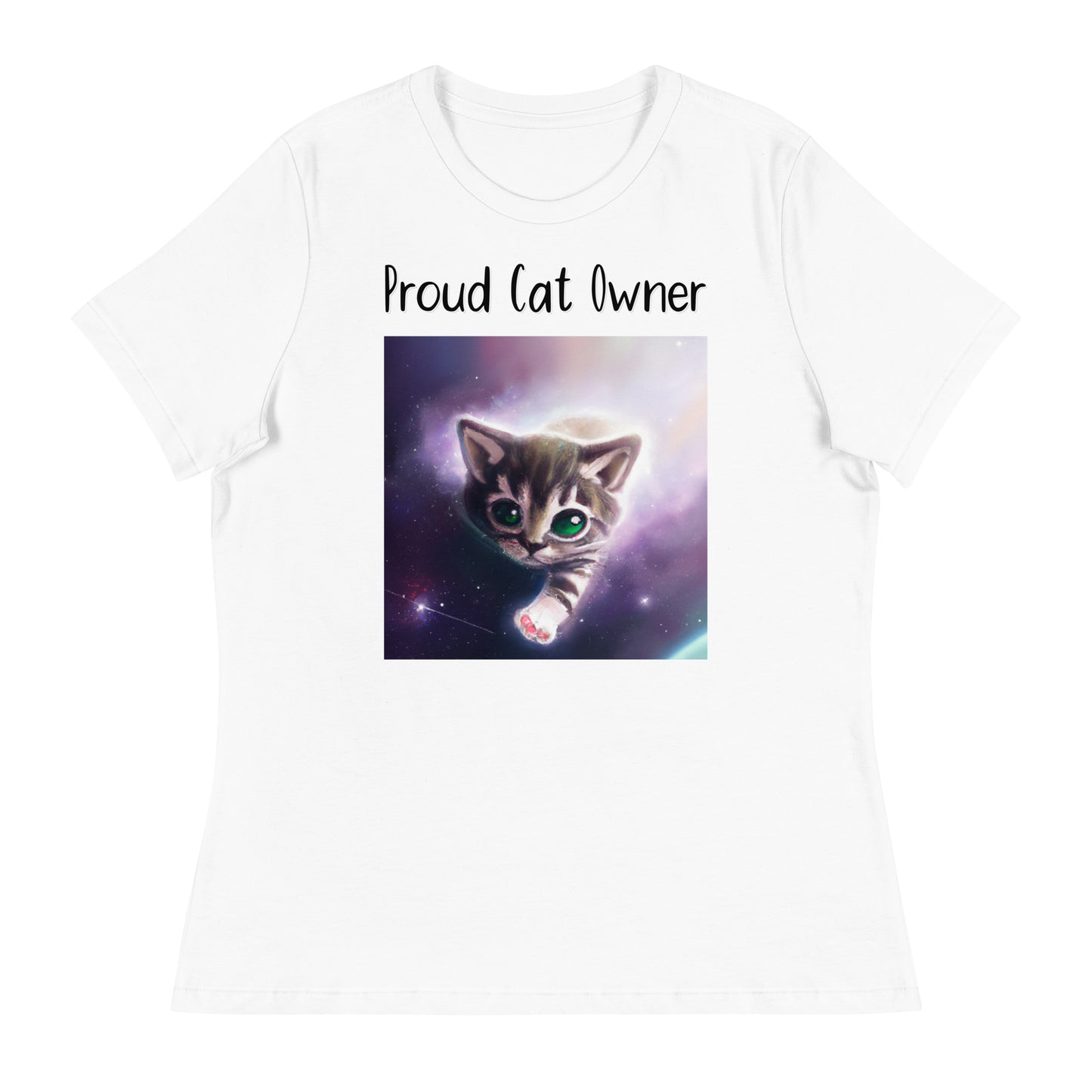 Women's White T-Shirt with Kitten In The Space with a text "Proud Cat Owner" at $25.97 found at Personalizedpetlovergifts