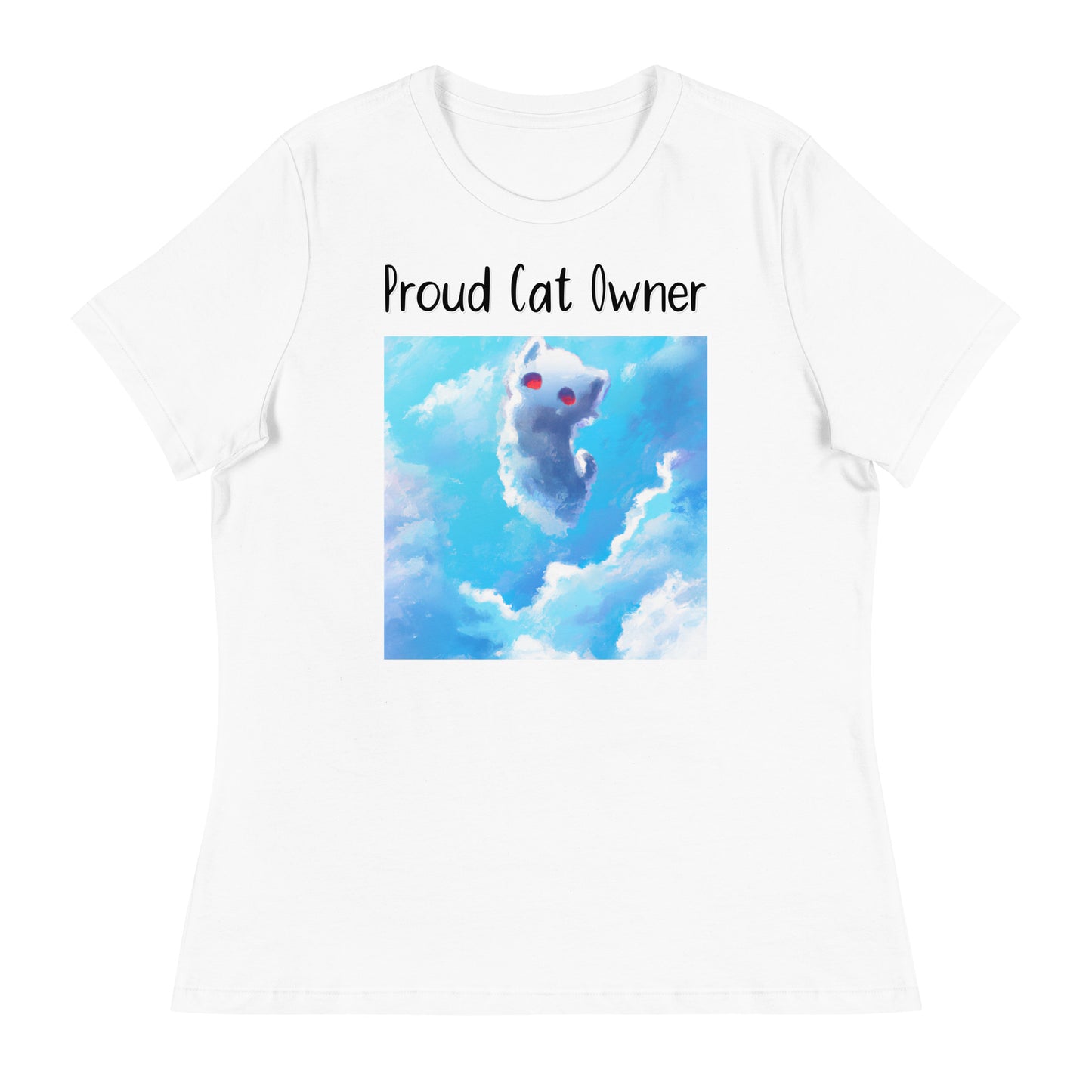 Women's White T-Shirt with Kitten In the Sky with a text "Proud Cat Owner" at $25.97 found at Personalizedpetlovergifts