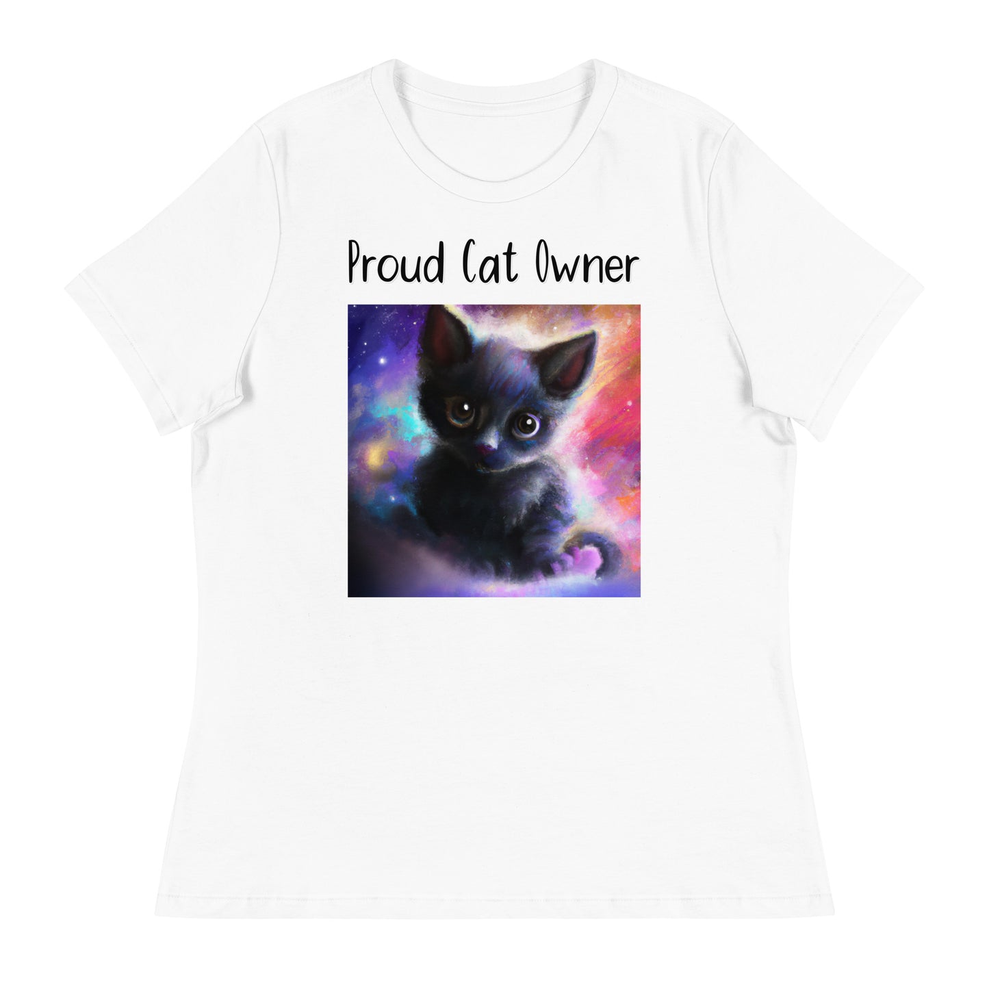 Women's White T-Shirt with Kitten In The Galaxy with a text "Proud Cat Owner" at $25.97 found at Personalizedpetlovergifts