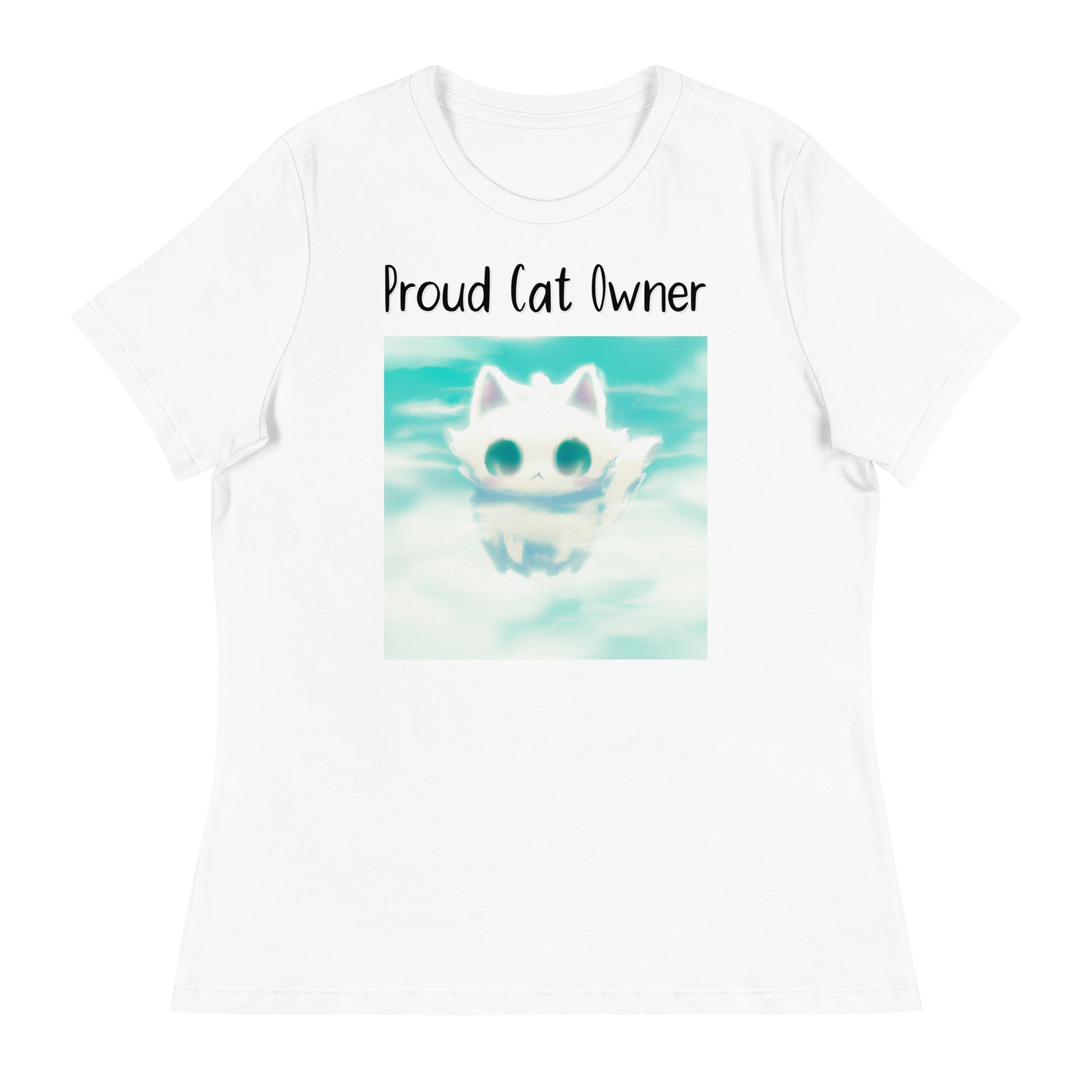 Women's White T-Shirt with Kitten In The Clouds with a text "Proud Cat Owner" at $25.97 found at Personalizedpetlovergifts