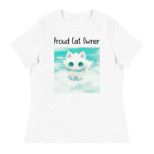 Women's White T-Shirt with Kitten In The Clouds with a text "Proud Cat Owner" at $25.97 found at Personalizedpetlovergifts