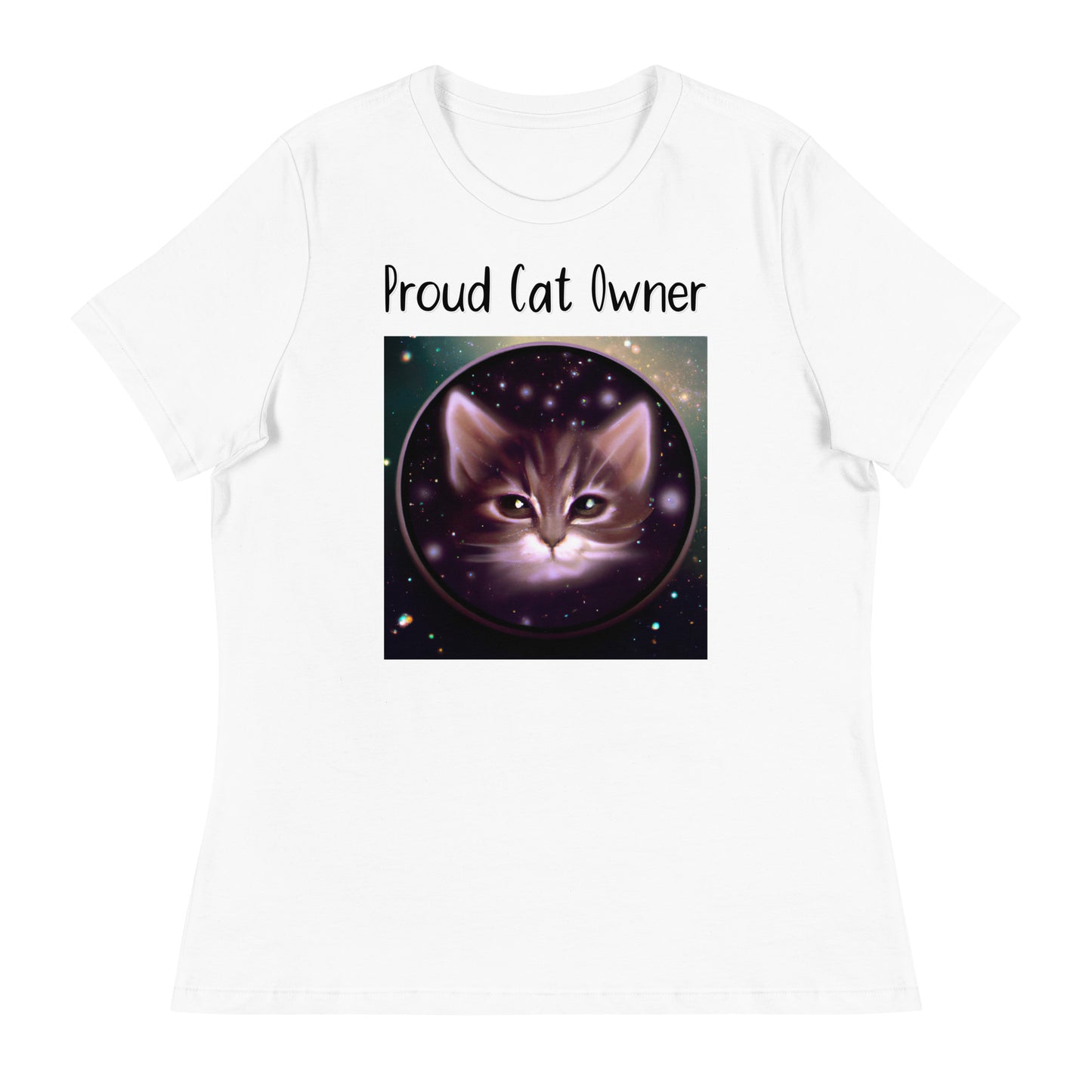 Women's White T-Shirt with Kitten In Space Circle with a text "Proud Cat Owner" at $25.97 found at Personalizedpetlovergifts