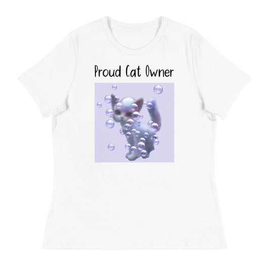 Women's White T-Shirt with Kitten In Soap Bubbles with a text "Proud Cat Owner" at $25.97 found at Personalizedpetlovergifts