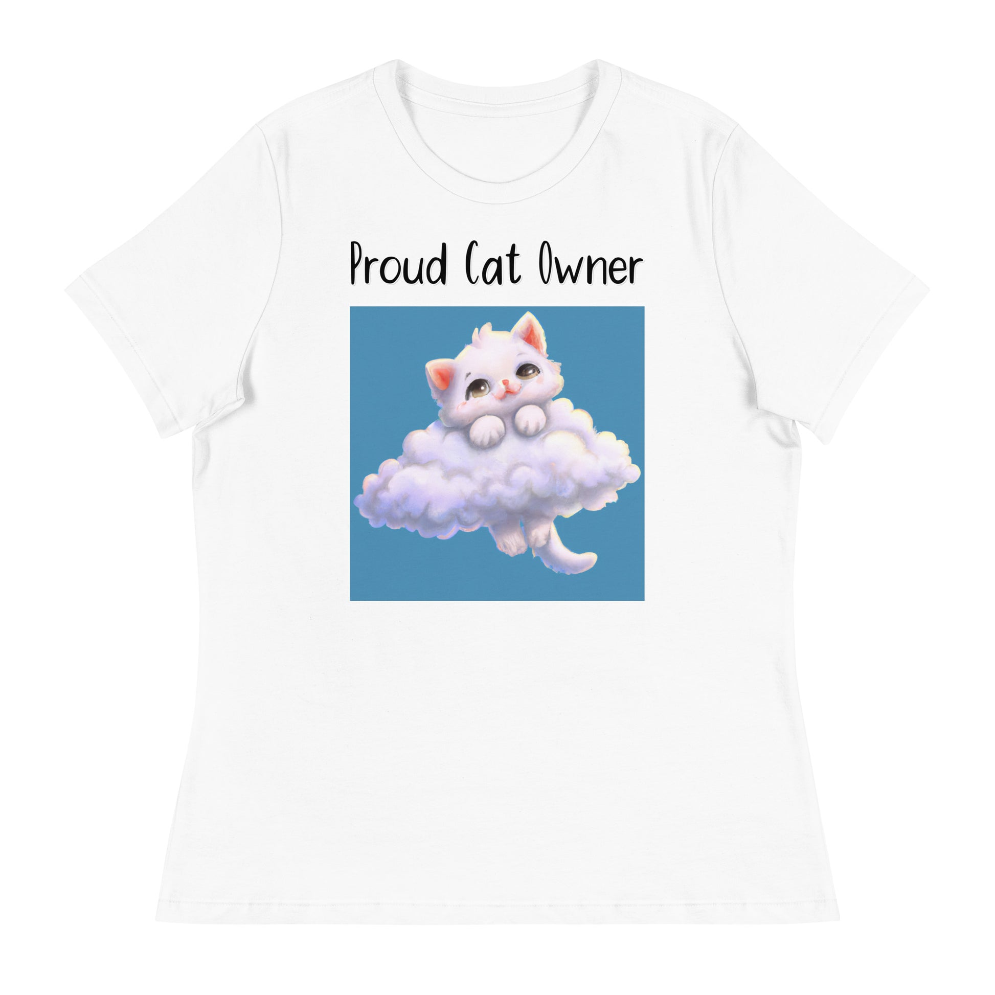 Women's White T-Shirt with KItten In Clouds with a text "Proud Cat Owner" at $25.97 found at Personalizedpetlovergifts