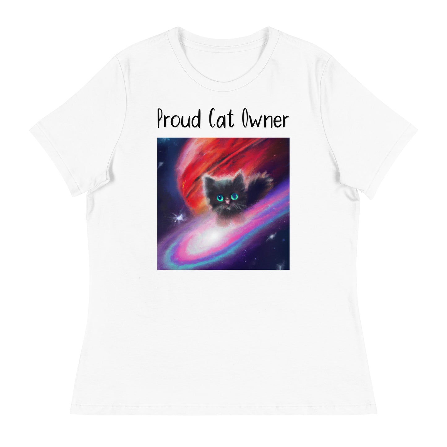 Women's White T-Shirt with Kitten In a Galaxy with a text "Proud Cat Owner" at $25.97 found at Personalizedpetlovergifts