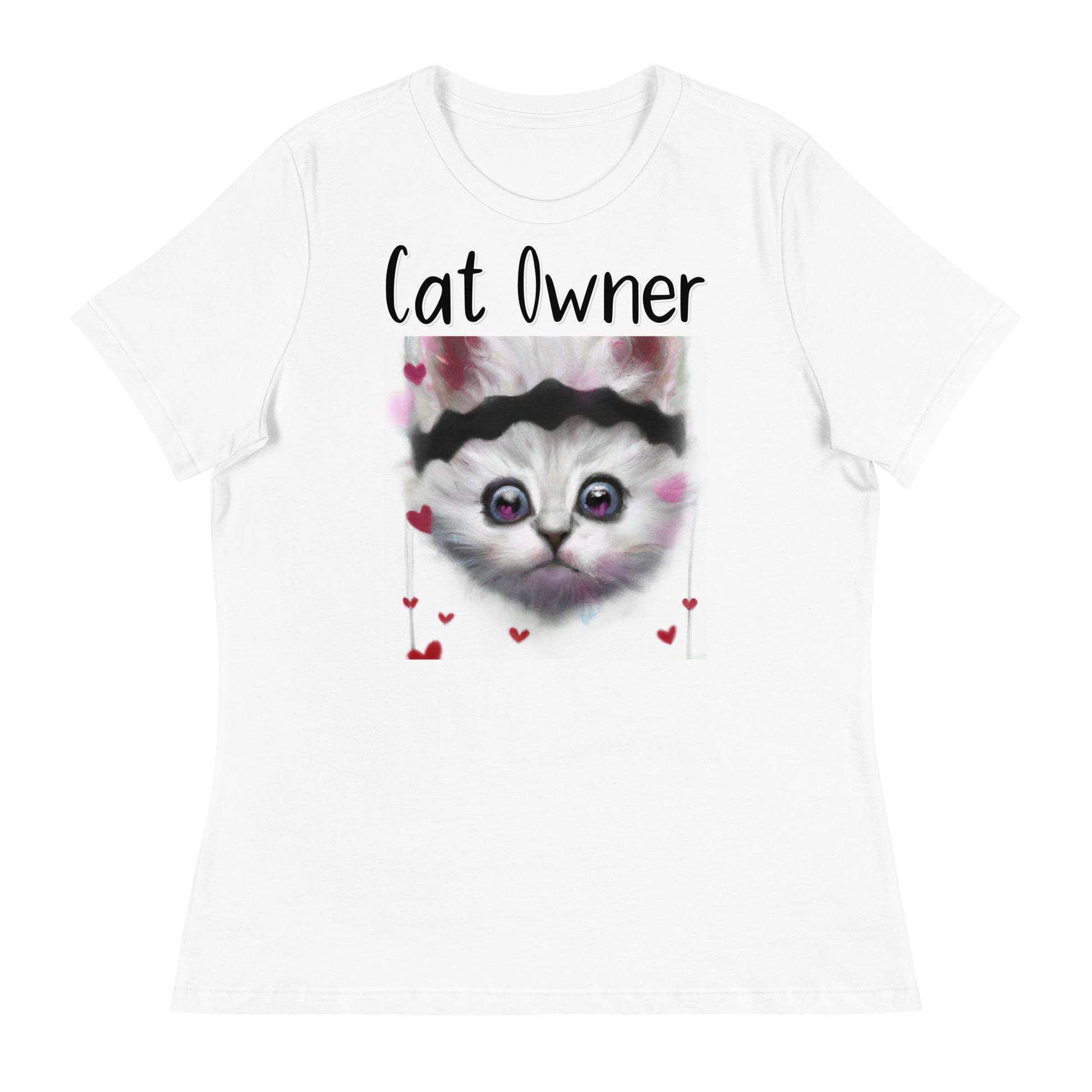 Women's White T-Shirt with Kitten With a headband with a text "Cat Owner" at $25.97 found at Personalizedpetlovergifts