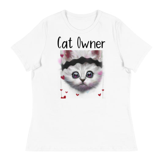 Women's White T-Shirt with Kitten With a headband with a text "Cat Owner" at $25.97 found at Personalizedpetlovergifts