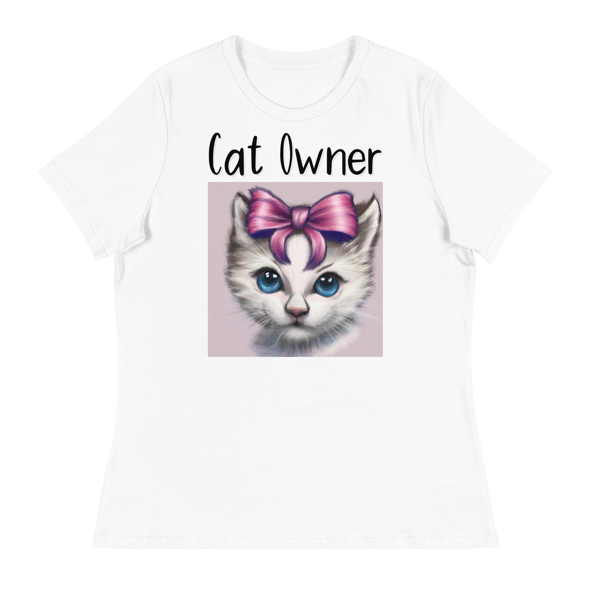 Women's White T-Shirt with Kitten With a Bow with a text "Cat Owner" at $25.97 found at Personalizedpetlovergifts