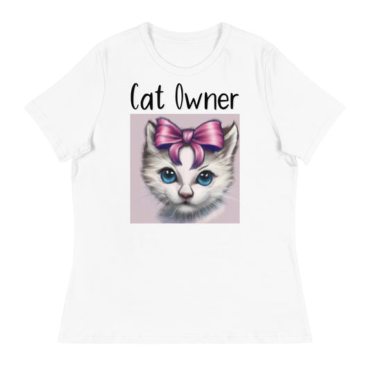 Women's White T-Shirt with Kitten With a Bow with a text "Cat Owner" at $25.97 found at Personalizedpetlovergifts