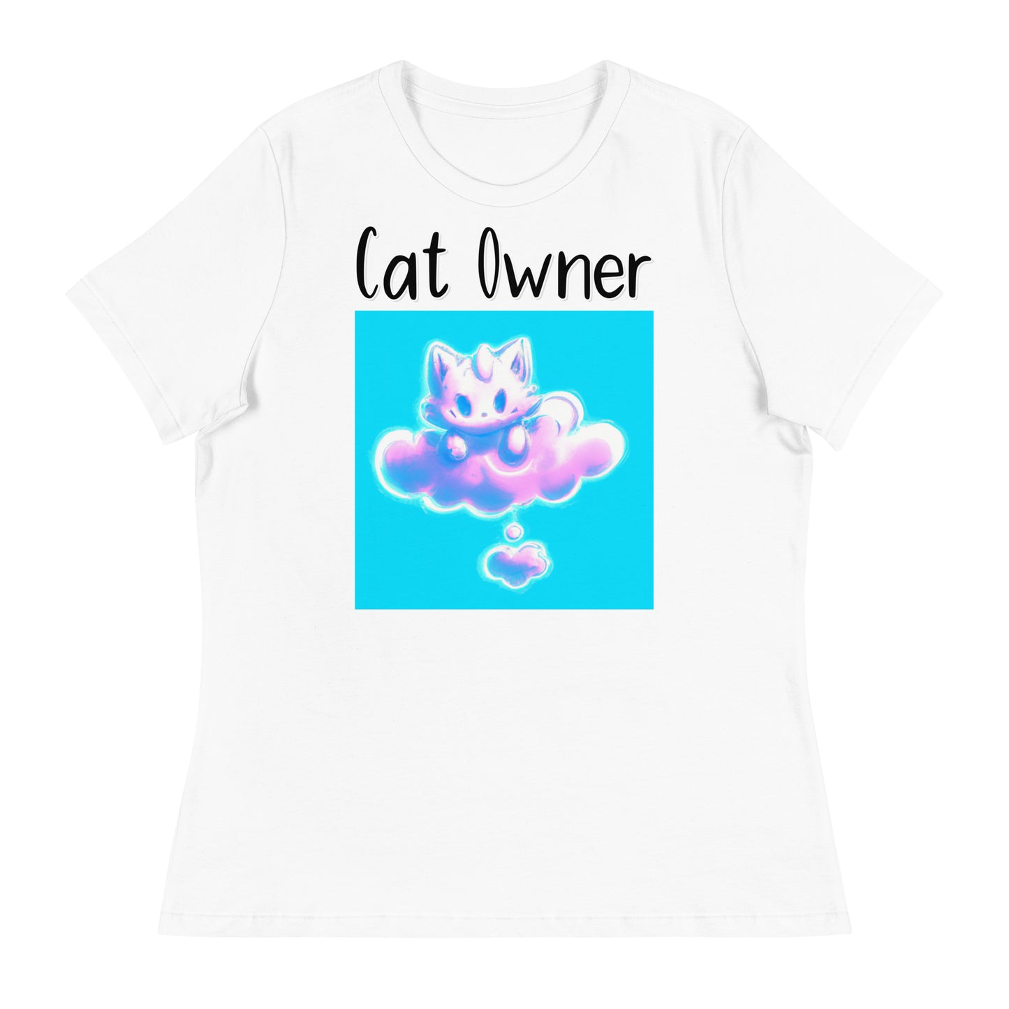 Women's White T-Shirt with Kitten Sitting On A Pink Cloud with a text "Cat Owner" at $25.97 found at Personalizedpetlovergifts