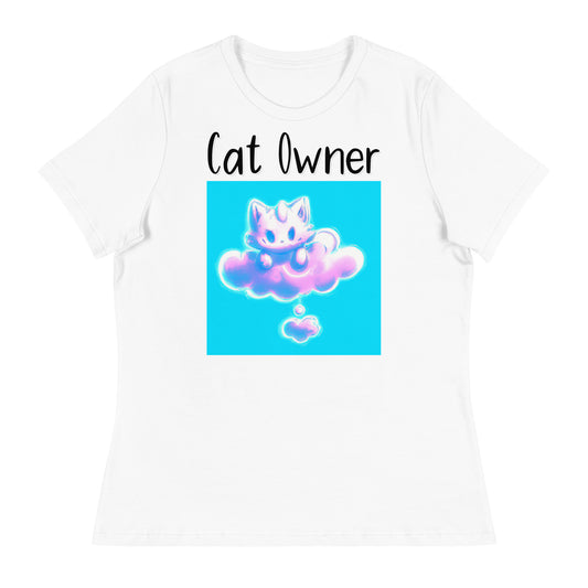 Women's White T-Shirt with Kitten Sitting On A Pink Cloud with a text "Cat Owner" at $25.97 found at Personalizedpetlovergifts